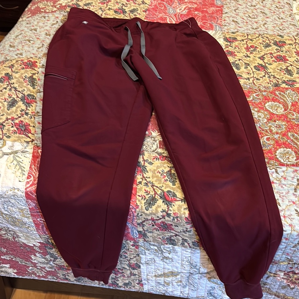 Figs Burgundy Jogger Pants with Gray Accents
